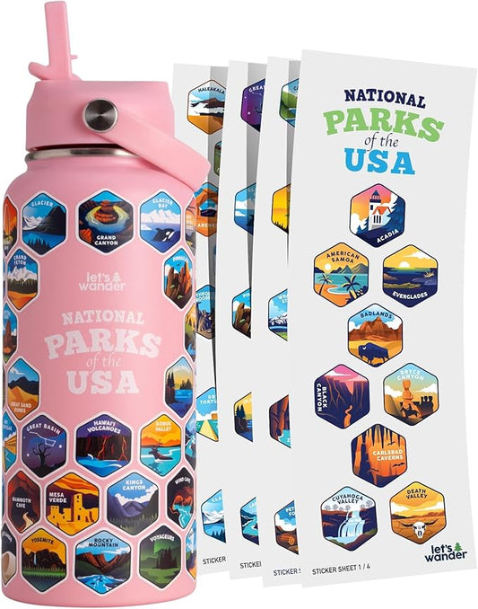 LET'S WANDER National Parks Water Bottle with 63 Waterproof Stickers - 32oz Leakproof Insulated Stainless Steel with Straw - USA Hiker Gift Bottle (Bubble Gum)