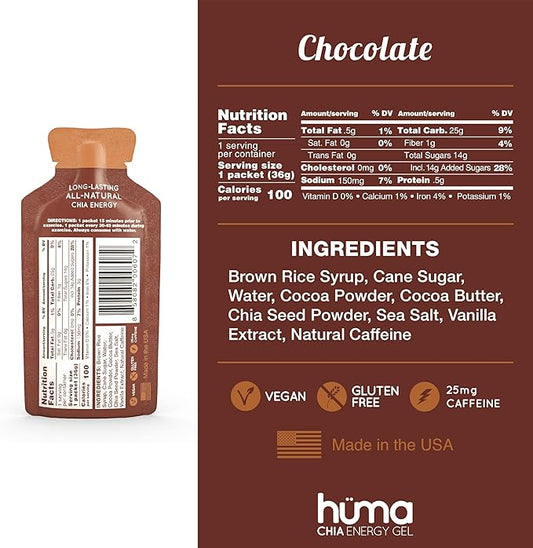 Huma Chia Energy Gel, Chocolate, 12 Gels, 25mg Caffeine - Premier Sports Nutrition for Endurance Exercise