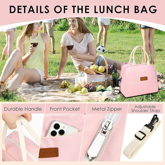 LOKASS Lunch Bag for Women-Insulated Adults Lunch Box with Front Pocket- Small Cute Lunch Tote for Work-Reusable Cooler Bag for Office Picnic Beach or Travel（pink）