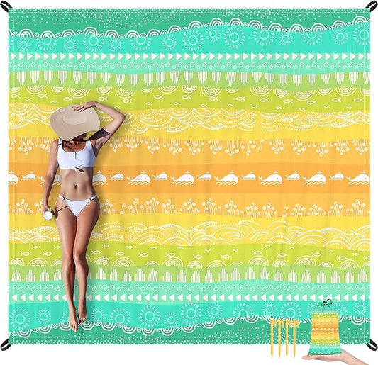Beach Blanket Waterproof Sandproof, Picnic Blankets with Stakes and Sand Pockets, Lightweight Quick Drying, Large Portable Beach Mat Vacation Essentials for Outdoors, Camping, Trips-Green Sea Waves