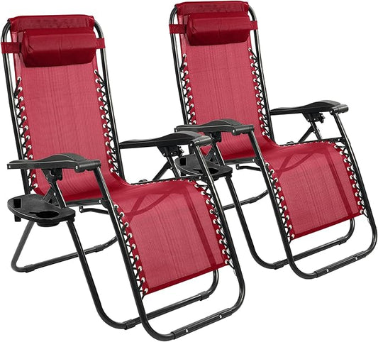 Zero Gravity Chair Set of 2 with Cup Holder & Removable Pillows, Adjustable Reclining Outdoor Patio Folding Chairs Portable Lounge Chair Furniture for Poolside, Lawn, Beach, Camping