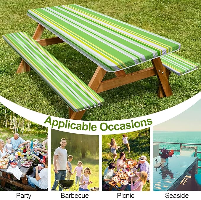 Picnic Table Cover with Bench Covers Camping Essentials Waterproof Windproof Camping Tablecloth with Drawstring Bag, Fitted Rectangle Tables and Seats, 72in, Light Green Stripe