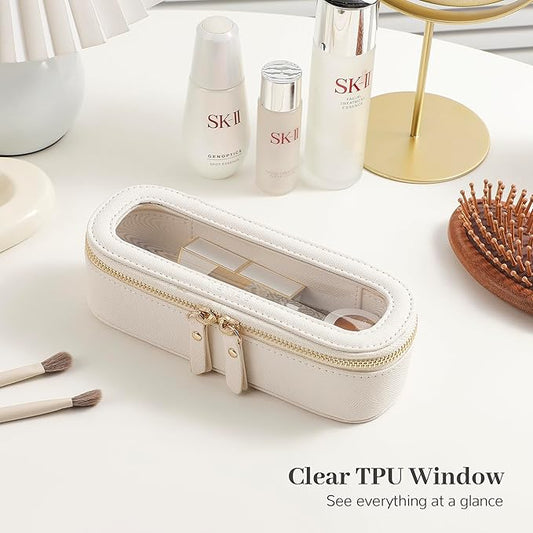 Aveniee Slim Clear Makeup Brush Bag, Small Cosmetic Brush Holder, Mini Travel Toiletry Case for Women, Thin Make up Organizer with Dual Zipper for Travel Essentials - White