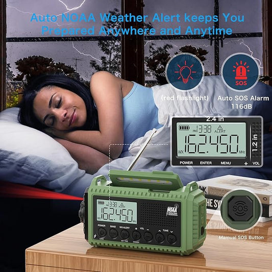 Emergency Radio 12000mAh Auto NOAA Weather Alert -Portable Solar Hand Crank Battery Operated AM/FM Shortwave Radio with Type-c Charger,Flashlight, SOS for Home Outdoor Hurricane Survival