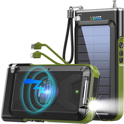 GOODaaa Solar Power Bank, 45800mAh Wireless Portable Charger Built-in Cables,15W Fast Charging Solar Charger, USB C in&Out and USB A Battery Pack for Outdoor with Radio,Flashlight