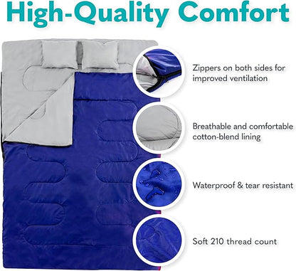 Double Sleeping Bags for Adults Backpacking, Camping, or Hiking - Waterproof Queen Sleeping Bags for Adults or Teens - Truck, Tent, Sleeping Pad