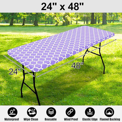 Smiry Rectangle Picnic Table Cover, Waterproof Elastic Fitted Camping Tablecloths for 4 Foot Tables, Wipeable Flannel Backed Vinyl Tablecloth Protector for Indoor, Outdoor (Lavender, 24x48 Inches)