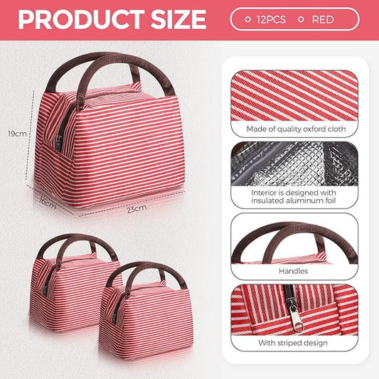 Nuogo 12 Pieces Insulated Lunch Bag Reusable Box Thermal Lunch Leakproof Tote Bag for Women Men Office Work Picnic Beach Fishing (Red)