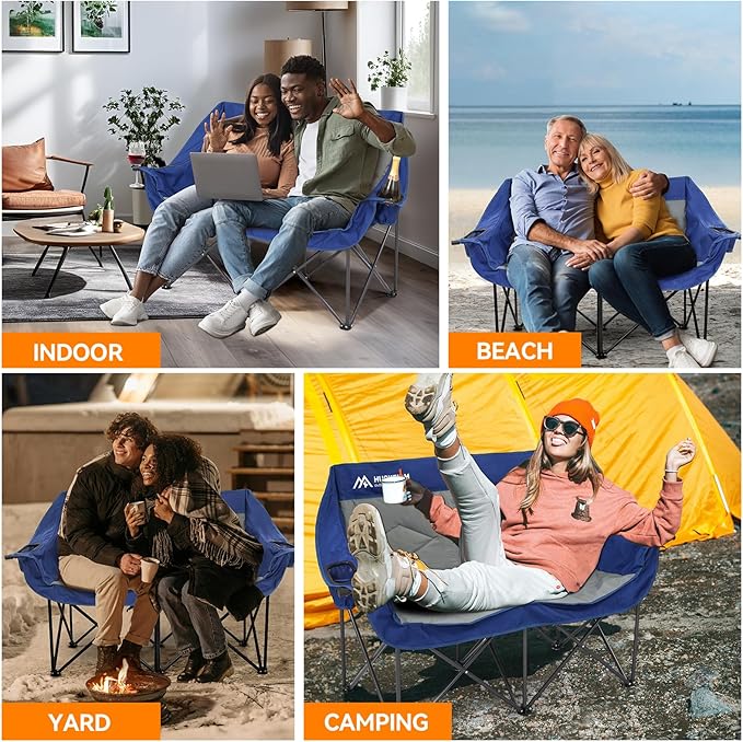 Double Camping Chairs Oversized Loveseat - 2 Person Camping Chair Portable Lawn Folding Chair for Outside Adults - Heavy Duty Outdoor Camping Couch with Cup Hold, Blue