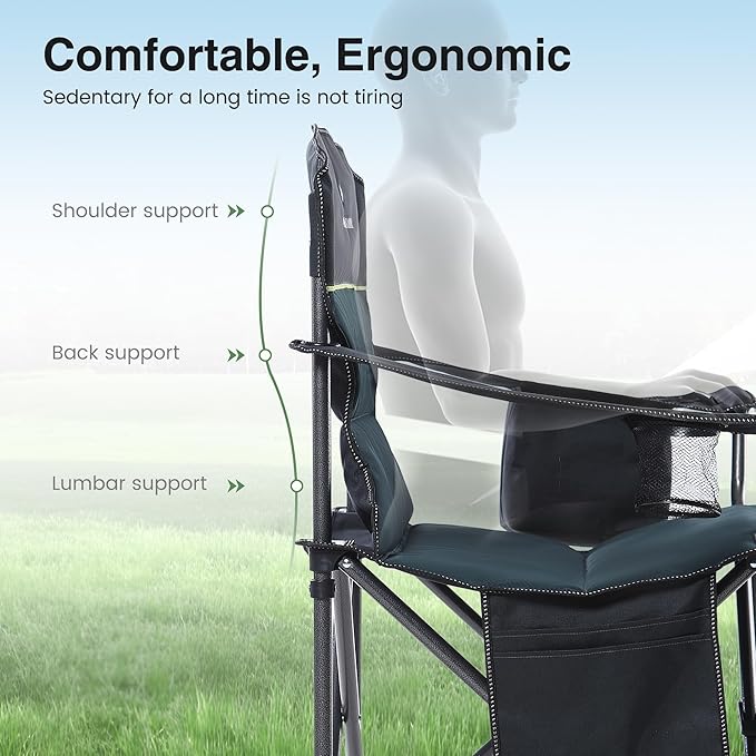 HIGH POINT SPORTS Oversized Camping Folding Chair, Heavy Duty Portable Outdoor Chair, Foldable Camp Chair with Cup Holder and Cooler Bag Support 450 LBS, 2 Pack, Green