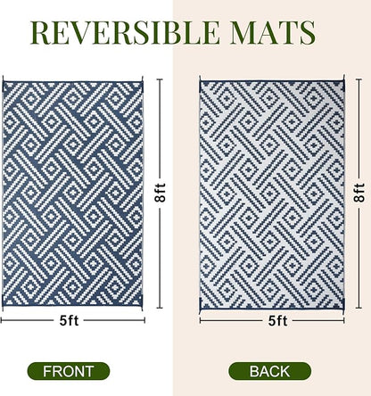 OPPODREAM Outdoor Rug 5x8 Ft, Waterproof Outdoor Plastic Straw Rug for Patio, Reversible Out Door Carpet for Camping, Deck, Rv, 5 x 8 Area Carpet for Balcony, Porch, Backyard, White and Navy Blue