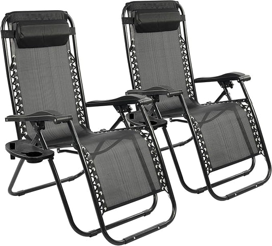 Zero Gravity Chair Set of 2 with Cup Holder & Removable Pillows, Adjustable Reclining Outdoor Patio Folding Chairs Portable Lounge Chair Furniture for Poolside, Lawn, Beach, Camping