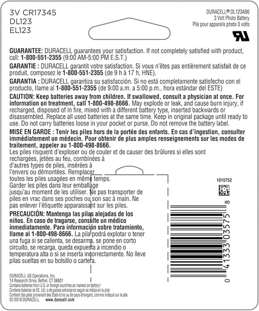 Duracell CR123A 3V Lithium Battery, 6 Count (Pack of 1), 3 Volt High Power for Home Safety, Security Devices, Flashlights, Smoke Alarms, Home Automation