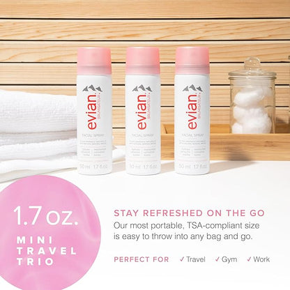 EVIAN FACIAL SPRAY Natural Mineral Water Facial Spray Trio, Travel Size, 1.7 Ounce (3 pack)