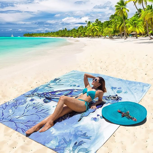Beach Blanket, Wateresistant Sandproof Sand Free Beach Mat with Corner Pockets Portable Bag for Beach Festival,Picnic,Travel and Outdoor Camping Activties (BL-Seaturtle, 120"×108"(8 Person))