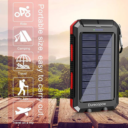 Solar Charger Power Bank, 20000mAh Portable Outdoor Waterproof Solar Battery Charger, Camping External Backup Battery Pack USB C Ports Input/Output, 2 Led Light Flashlight with Compass (Red)
