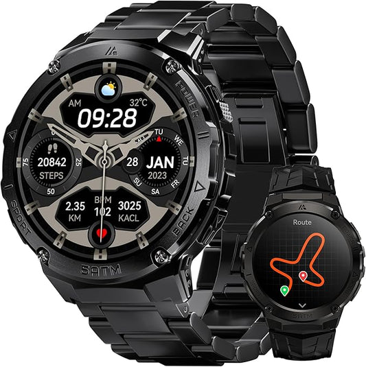 Smart Watches for Men GPS, Pressure,Altitude,Compass, 480mAh Large Battery, 50M Waterproof, Full Metal Body Smartwatch, Bluetooth Calling, 24/7 Health Monitoring, for Android & iOS(2 Bands)