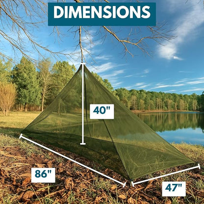 The Friendly Swede Outdoor Mosquito Net — Mosquito Netting for Camping & Bed; Army Green Bug Net with Stuff Sack, 4 Ground Stakes & Adjustable Cord; Single Bug Tent