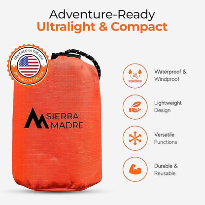 Sierra Madre Emergency Sleeping Bag – Ultralight, Waterproof Mylar Thermal Bivy Sack Tent for Hiking, Bug-Out Bags, Survival Kits