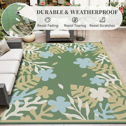MontVoo Outdoor Rug Waterproof 6x9 ft RV Outdoor Rug for Camping Picnic Mat Outdoor Patio Rug Carpet Plastic Straw Reversible Floral Green Yellow