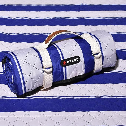 HX&OD Outdoor Picnic Blanket Extra Large, 80”x80” Waterproof Picnic Mat Foldable Camping Blanket Portable with Carry Strap for Beach Mat (Bright Blue&White)