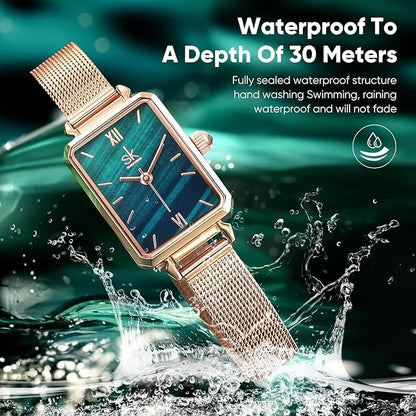 Dainty Women's Wrist Watch: Green Malachite Dial,Beautiful Bracelet, Wrapped by Stylish Gift Box, Elegant Present for Ladies and Loved Ones Anniversary, Birthday, or Holidays Like Christmas.