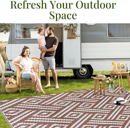 OPPODREAM Outdoor Rug 9x12 Patio Waterproof, Large Outdoor Plastic Straw Rug, Reversible Out Door Carpet for Camping, Deck, Rv, 9 x 12 Area Carpet for Balcony, Porch, Backyard, White and Brown