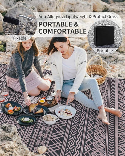 MontVoo Outdoor Rug Carpet Waterproof 6x9 Outdoor Patio Rug Mat Reverisble Plastic Straw Outdoor Rug for RV Camping Picnic Beach Balcony Boho Pink Grey