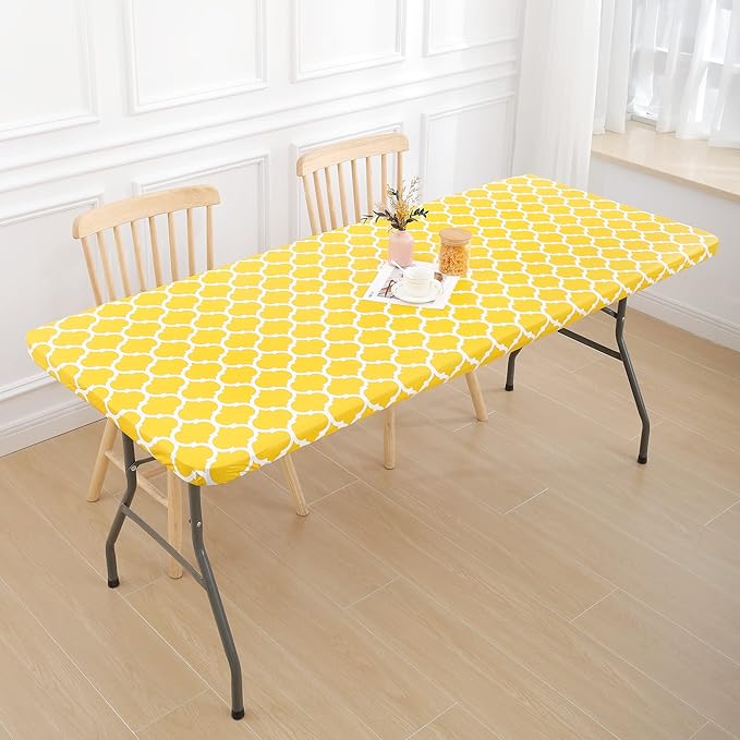 Smiry Rectangle Picnic Table Cover, Waterproof Elastic Fitted Camping Tablecloths for 4 Foot Tables, Wipeable Flannel Backed Vinyl Tablecloth Protector for Indoor, Outdoor (Yellow, 30x48 Inches)