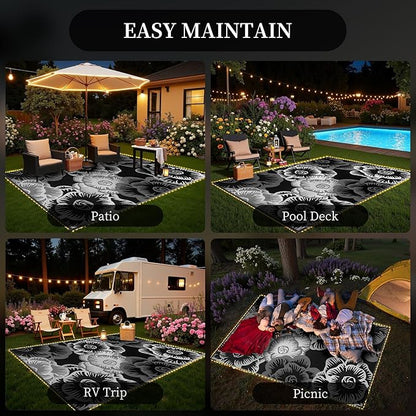 MontVoo Outdoor Rug with Led String Strip Lights 8x10ft Waterproof Outdoor Patio Rug Mat Reversible Plastic Straw Rug Outside Outdoor Rug for RV Camping Picnic Balcony Backyard Fairy Outdoor Decor