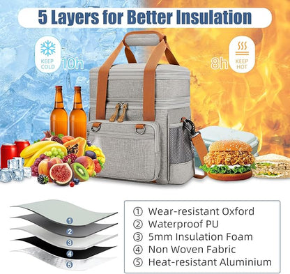 Insulated Lunch Box for Men/Women: Reusable Lunch Bag for Work Office Daytrip Picnic Beach - Leakproof Cooler Tote Bag Organizer for Adults - Light Gray