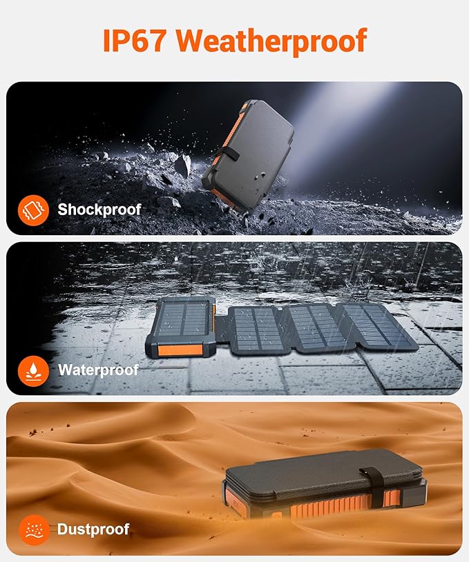 Solar Power Bank 38800mAh with 4 Solar Panels, Portable Charger USB C 18W Fast Charge for iPhone Samsung, IP67 Waterproof Outdoor External Battery Pack with Flashlight Light/SOS/Strobe