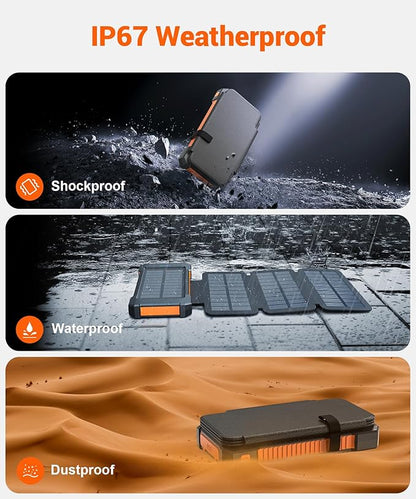 Solar Power Bank 38800mAh with 4 Solar Panels, Portable Charger USB C 18W Fast Charge for iPhone Samsung, IP67 Waterproof Outdoor External Battery Pack with Flashlight Light/SOS/Strobe