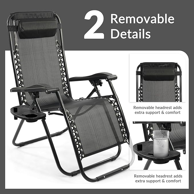 Zero Gravity Chair Set of 2 with Cup Holder & Removable Pillows, Adjustable Reclining Outdoor Patio Folding Chairs Portable Lounge Chair Furniture for Poolside, Lawn, Beach, Camping