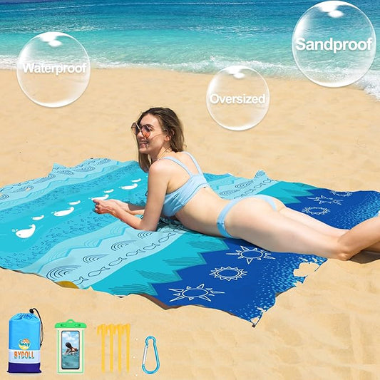 BYDOLL Beach Blanket Waterproof Sandproof 78''×81'' 1-7 Adults Oversized Lightweight Large Picnic Mat Waterproof Sandproof Blanket for Beach