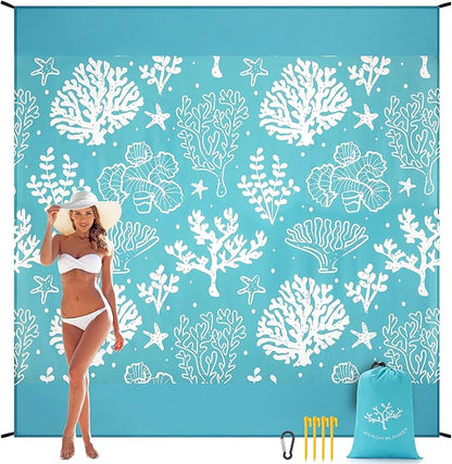 Beach Blanket Sandproof Extra Large Beach Mat Adults Waterproof Quick Drying Sand Free Mat Made by Premium Polyester with 4 Stakes & 4 Corner Pockets for Outdoor Travel Camping Hiking