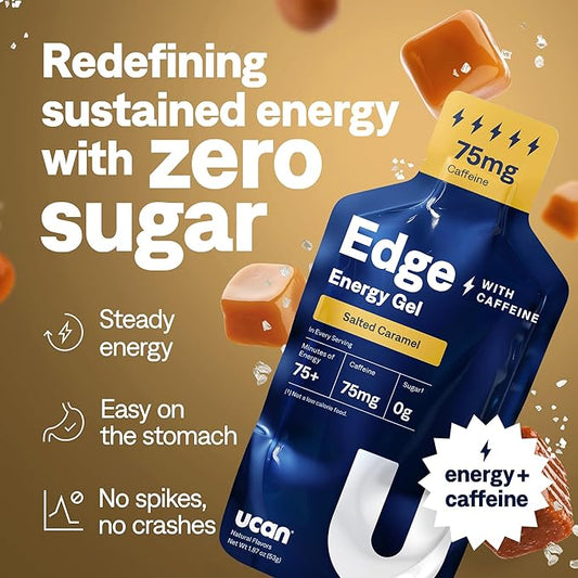 UCAN Edge Energy Gel Shots, Salted Caramel + Caffeine (12, 2 Ounce Packets) for Running, Training, Workouts, Fitness, Cycling, Crossfit | Sugar-Free, Vegan, & Keto Friendly Energy