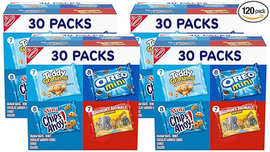 Nabisco Team Favorites Variety Pack, OREO Mini, CHIPS AHOY! Mini, Teddy Grahams Honey & Barnum's Animal Crackers, Christmas Cookies Stocking Stuffers, 30 Snack Packs (Pack of 4)