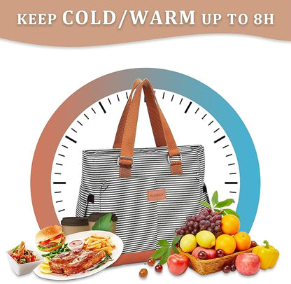 Large Women Lunch Bags for Work/Insulated Adult Lunch Box/Leakproof Cooler Lunch Tote Bag with Storage Pocket. Reusable Lunch Cooler Purse for Work Picnic Hiking 14L, Stripe