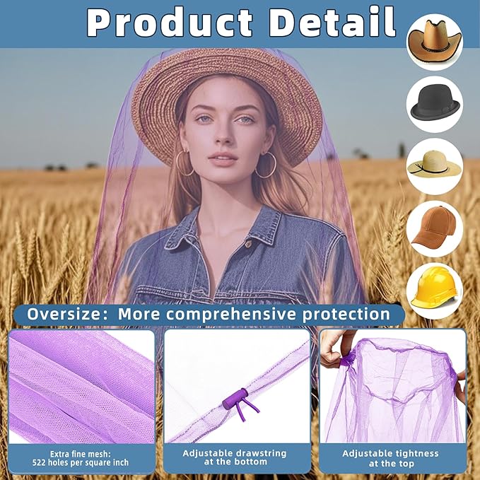 Oversized Mosquito Net 42 x 25 Inches Ultra Large Mosquito Head Net Face Neck Fly Mesh Netting Fits All Hats for Outdoor Camping Hiking Fishing Gardening Safari(Light Purple)