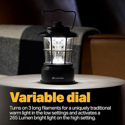 LUXPRO Retro LED Lantern - Battery-Powered Emergency Lantern - Water Resistant - Bright LED Lamp for Indoor & Outdoor Use - Use for Tents, Hiking or Hurricane Prep - Black