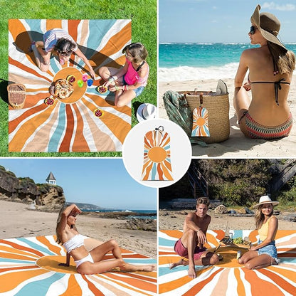 Beach Blanket Waterproof Sandproof, Oversized Picnic Blankets with Stakes and Sand Pockets, Lightweight Quick Drying, Extra-Large Portable Beach Mat for Outdoors, Camping, Hiking Trips-Summer Sunshine