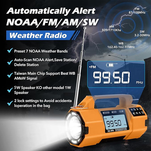 Emergency Weather Alert Radio FM/AM/SW/NOAA, Solar Hand Crank Radio with Replaceable Battery, USB-C Charging, Cell Phone Charger, SOS Alarm, Headphone Jack, Sleep Timer Clock for Survival