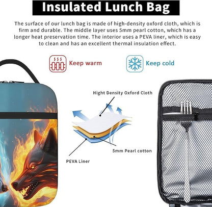 SARA NELL Wolf Insulated Lunch Bag Cool Ice and Fire Wolf Lunch Cooler Box for Women Men Teens Kids, Reusable Lunch Tote Bag, Leakproof Insulated Lunch Bags for Work, Picnic, School or Travel
