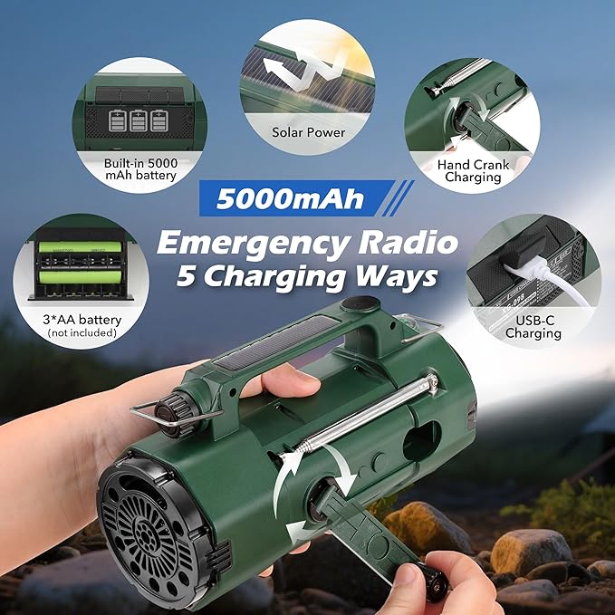5000mAh Hand Crank Emergency Radio, AM/FM/SW/NOAA Weather Alert Radio Solar Powered, Crank Radios with Flashlight, USB-C Charging, Sleep Timer Clock Alarm, Headphone Jack, SOS Alarm for Home/Outdoors