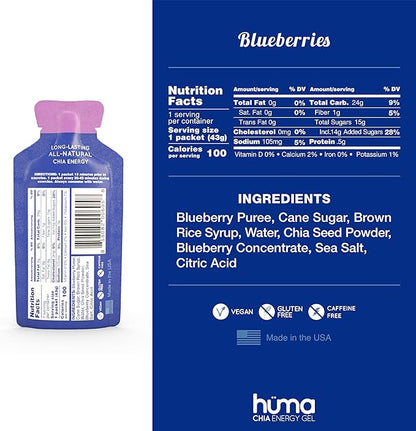 Huma Chia Energy Gel, Blueberries, 24 Gels - Premier Sports Nutrition for Endurance Exercise