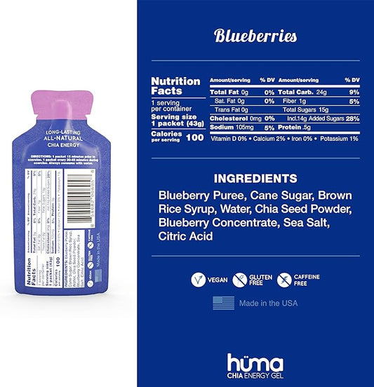 Huma Chia Energy Gel, Blueberries, 12 Gels - Premier Sports Nutrition for Endurance Exercise
