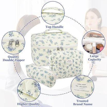 Makeup Bag Set, Quilted Makeup Bag, Large Floral Cosmetic Bag for Women, Cute Cotton Makeup Bags, Flower Travel Toiletry Organizer Bag (Blue Floer)