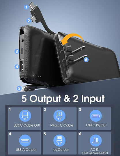 TG90° 2 Pack 10000mAh Power Bank Built-in Foldable AC Wall Plug and Cables,Pocket Size USB C Portable Charger,Ultra Slim Battery Pack Compatible with iPhone Series and Android Devices