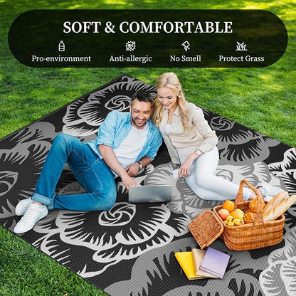 MontVoo Outdoor Rug-Waterproof Camping Rug Patio Rug Mat 6x9 ft Reversible Plastic Straw Outside Outdoor Rug for RV Camping Picnic Beach Balcony Backyard Pool Deck Porch Farmhouse Floral Black